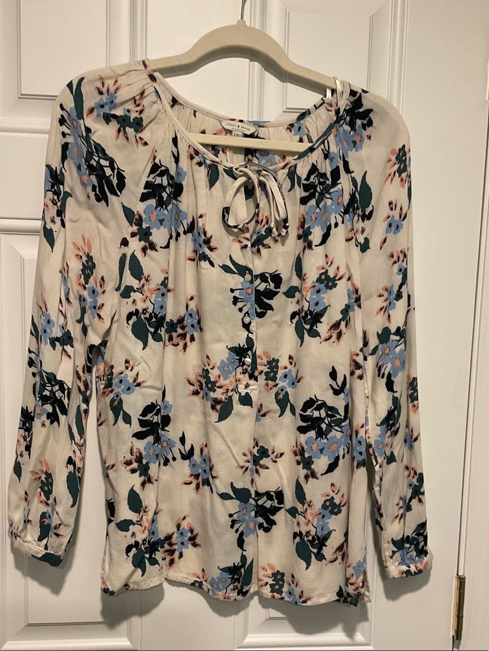 Lucky Brand Cream Floral Tie-Front Blouse with Blue & Green Print